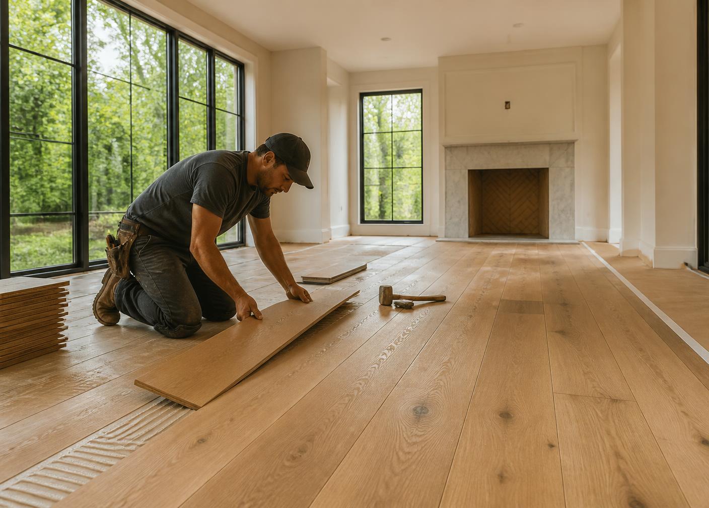 Installer laying a wide oak floor plank in a bright room